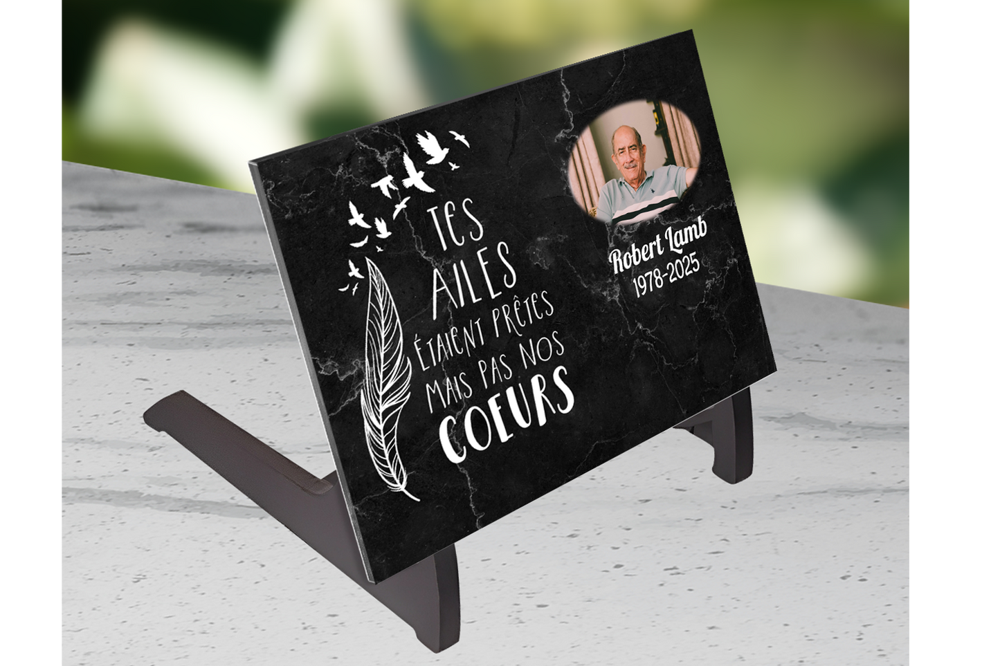Plaque Funéraire Effet Marbre Noir "Tes Ailes"
