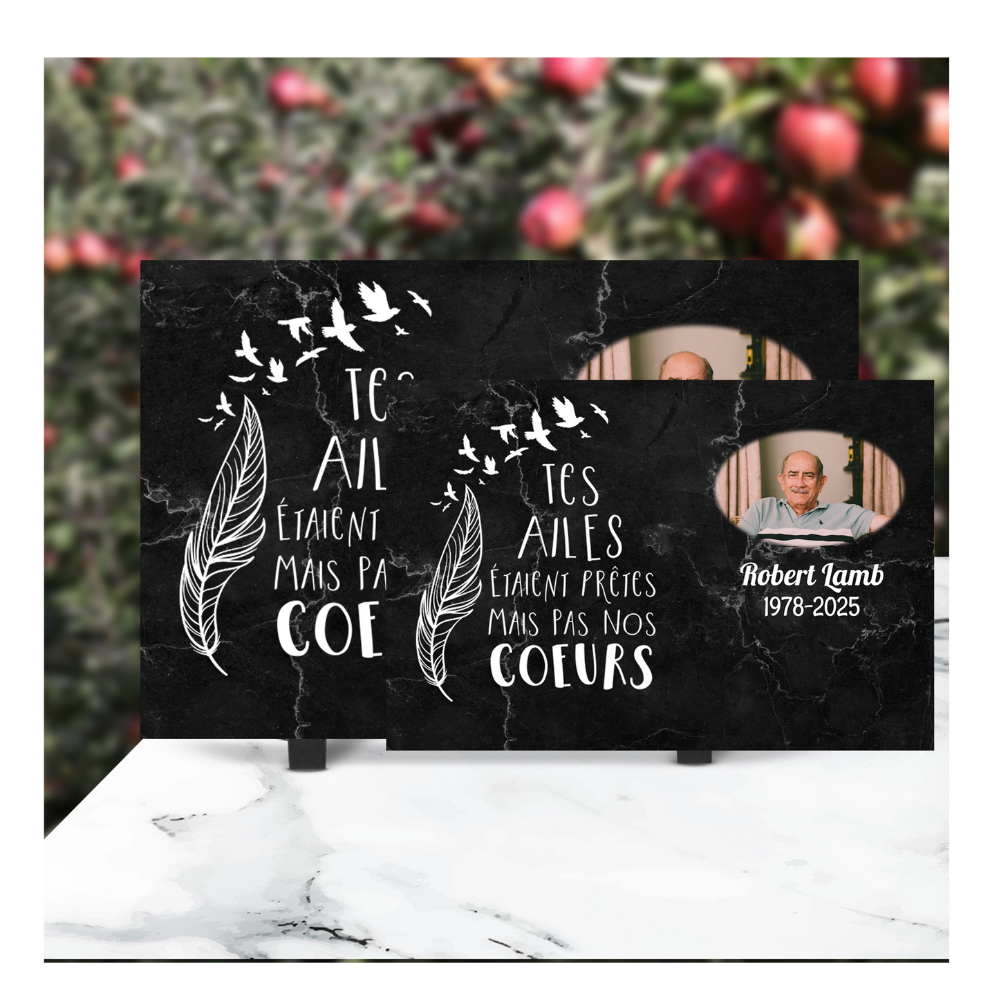 Plaque Funéraire Effet Marbre Noir "Tes Ailes"