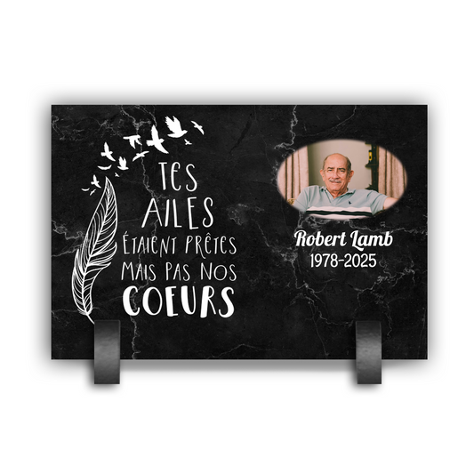 Plaque Funéraire Effet Marbre Noir "Tes Ailes"