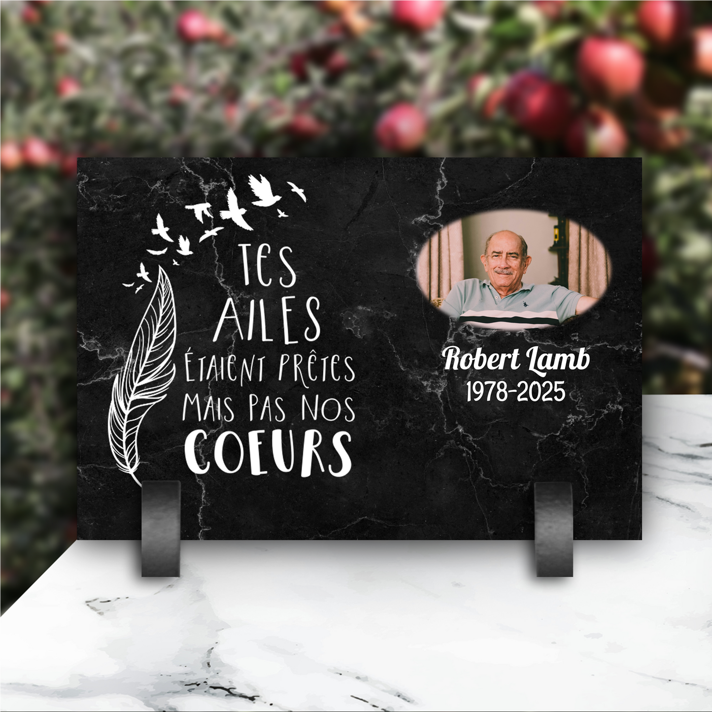 Plaque Funéraire Effet Marbre Noir "Tes Ailes"