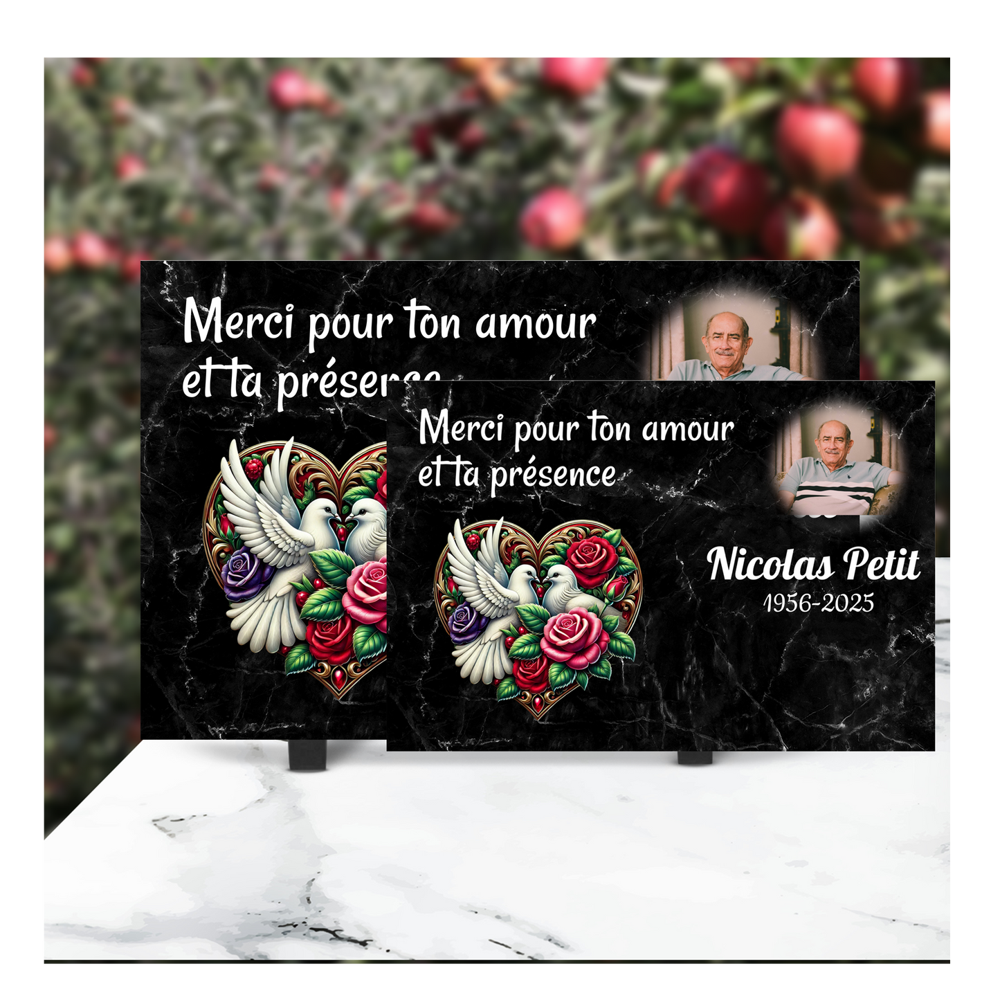 Plaque Funéraire Effet Marbre Noir "Cœur"