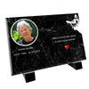 Plaque funéraire personnalisée avec une illustration de chat, un médaillon pour une photo personnelle et un espace pour un texte personnalisé sur un fond effet marbre - les plaques des petits anges
