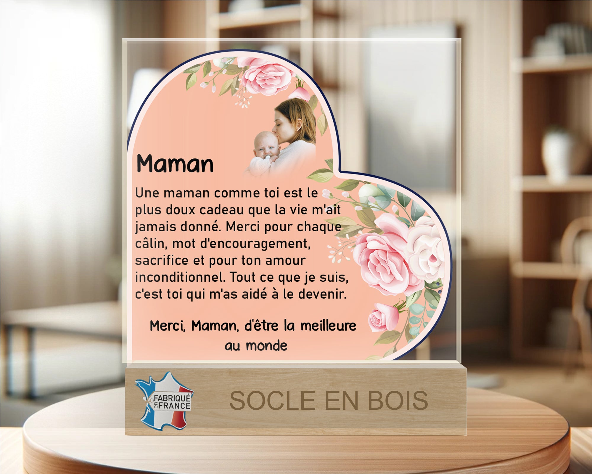 Cœur Affection Maman - Plaque Acrylique avec Message Personnalisé