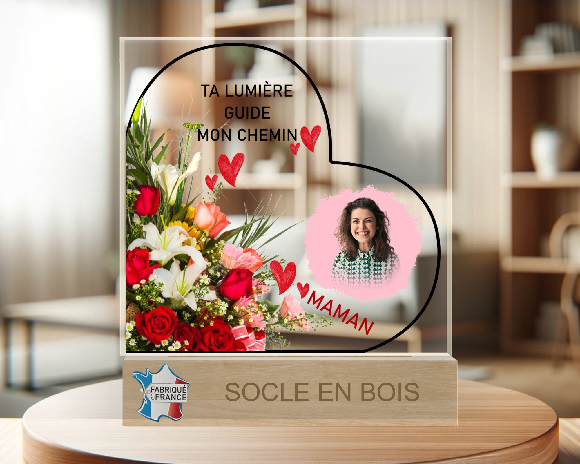 Plaque en acrylique personnalisable avec photo représentant un bouquet de rose et une photo souvenir | lesplaquesdespetitsanges.com
