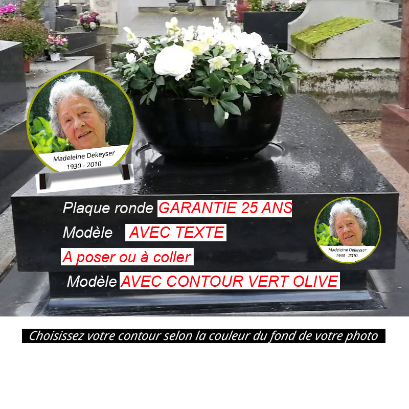 Médaillon photo funéraire avec contour vert olive | lesplaquesdespetitsanges.com